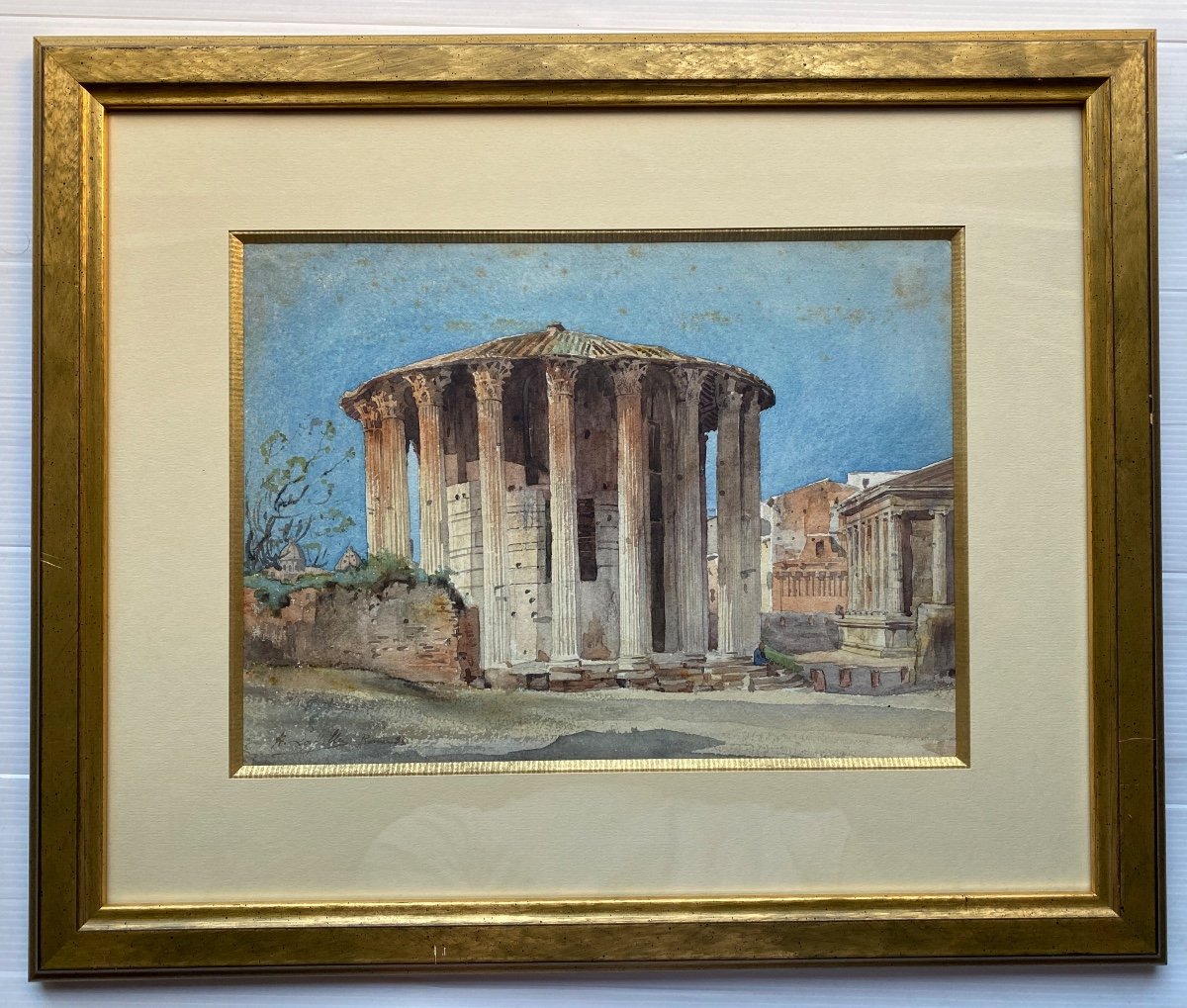 Temple Of Hercules Rome Drawing Watercolor Ancient Roman Architecture Signed Henri Laffillée 1883-photo-6