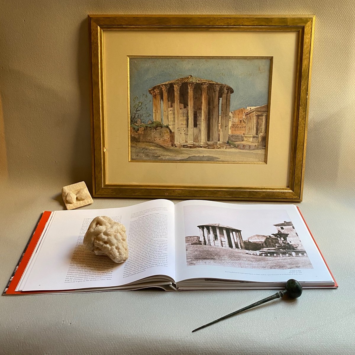 Temple Of Hercules Rome Drawing Watercolor Ancient Roman Architecture Signed Henri Laffillée 1883