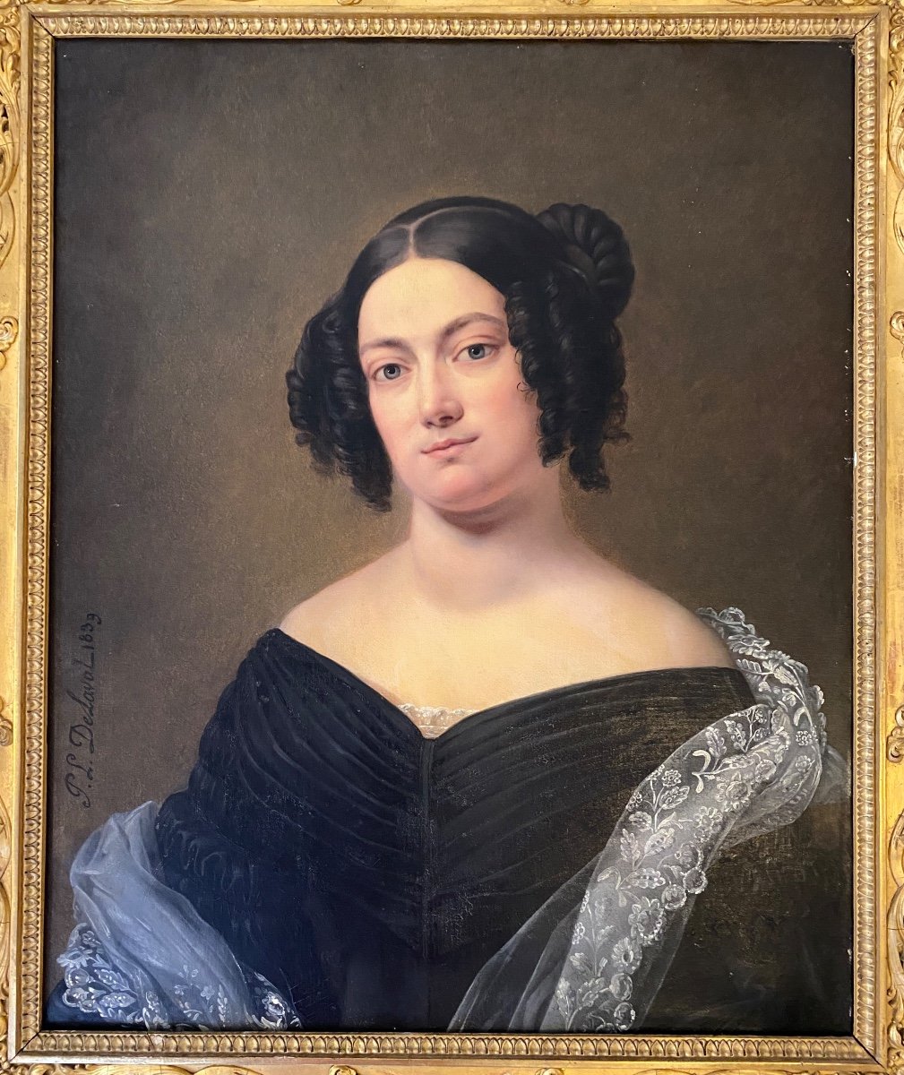 Large Portrait Of A Woman French Romantic 1839 By Pierre-louis Delaval, A Student Of Girodet-photo-2