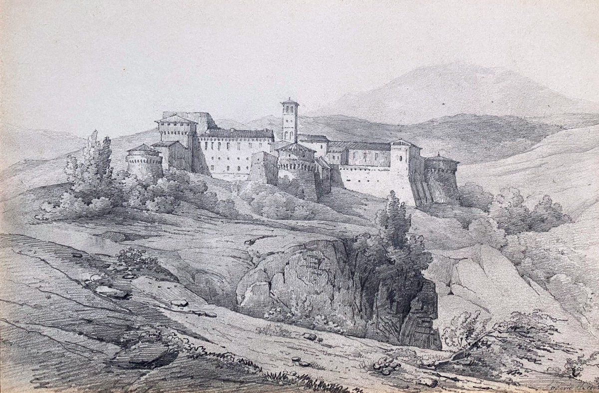 Grotta-ferrata Monastery Rome Italy Landscape Architecture Old Drawing 1820 XIX -photo-2