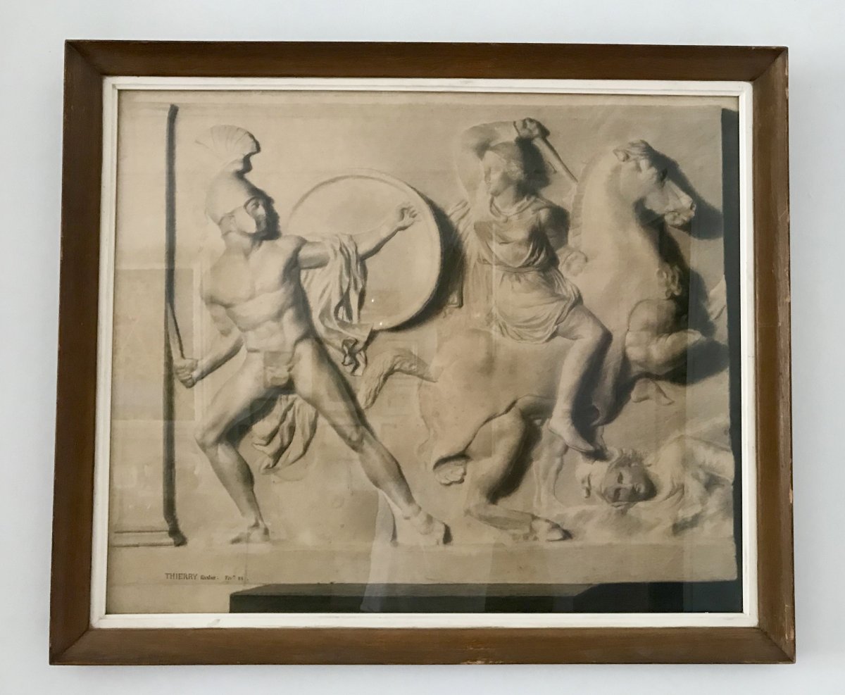 Deux Grands Dessins  XIXe - Combat Des Amazones - d'Après Un Bas Relief Antique, G.thierry 1888-photo-4