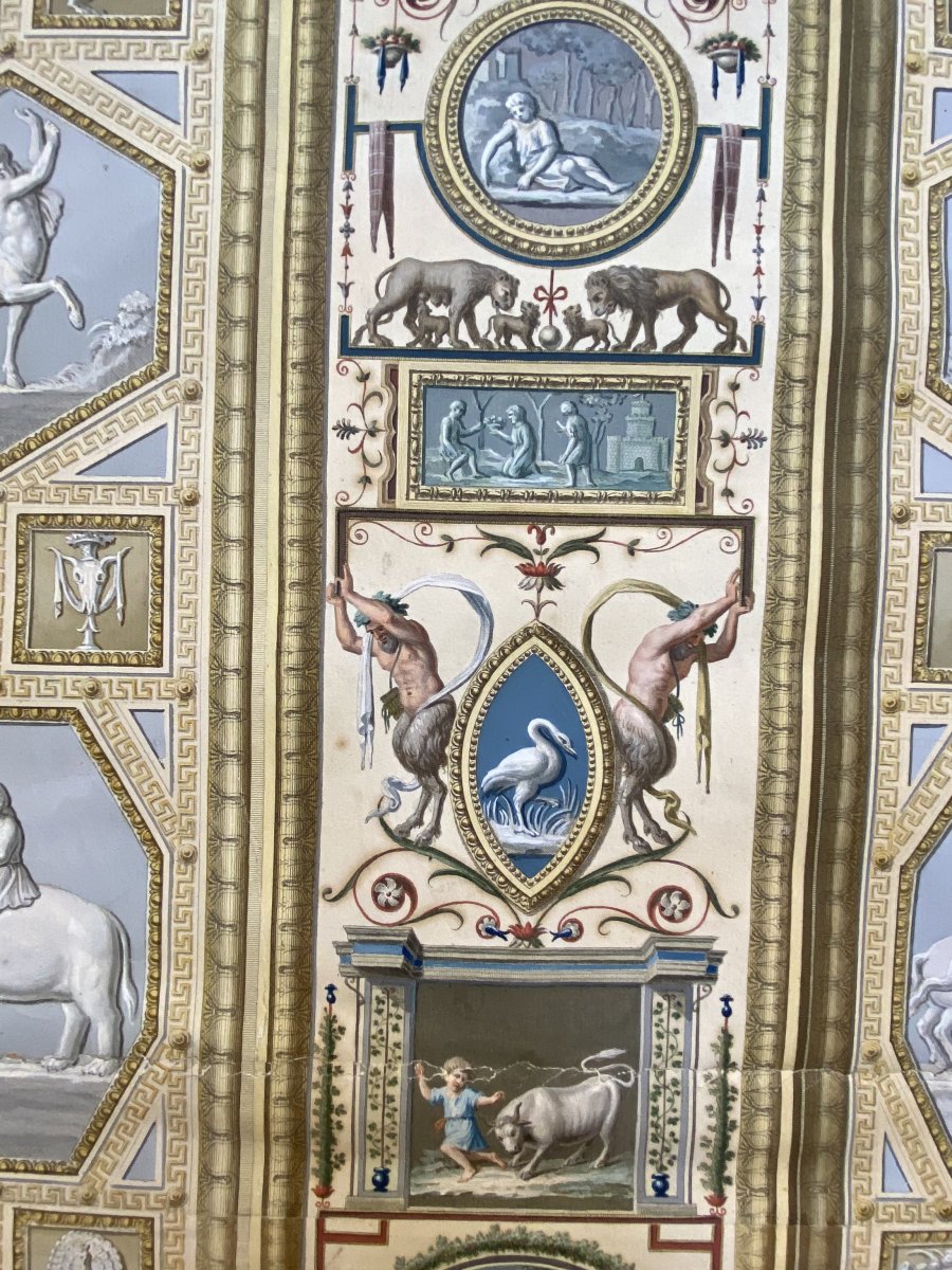 Grande Paire De Gravures XVIII Colorées À La Main De Panneaux De La Loge De Raphaël Au Vatican -photo-3