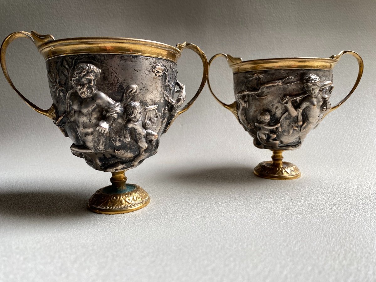 Pair Of Kantharos  Cup Of The Centaurs Of Pompei, Naples, Italy Replicas XIX Silver Bronze-photo-2