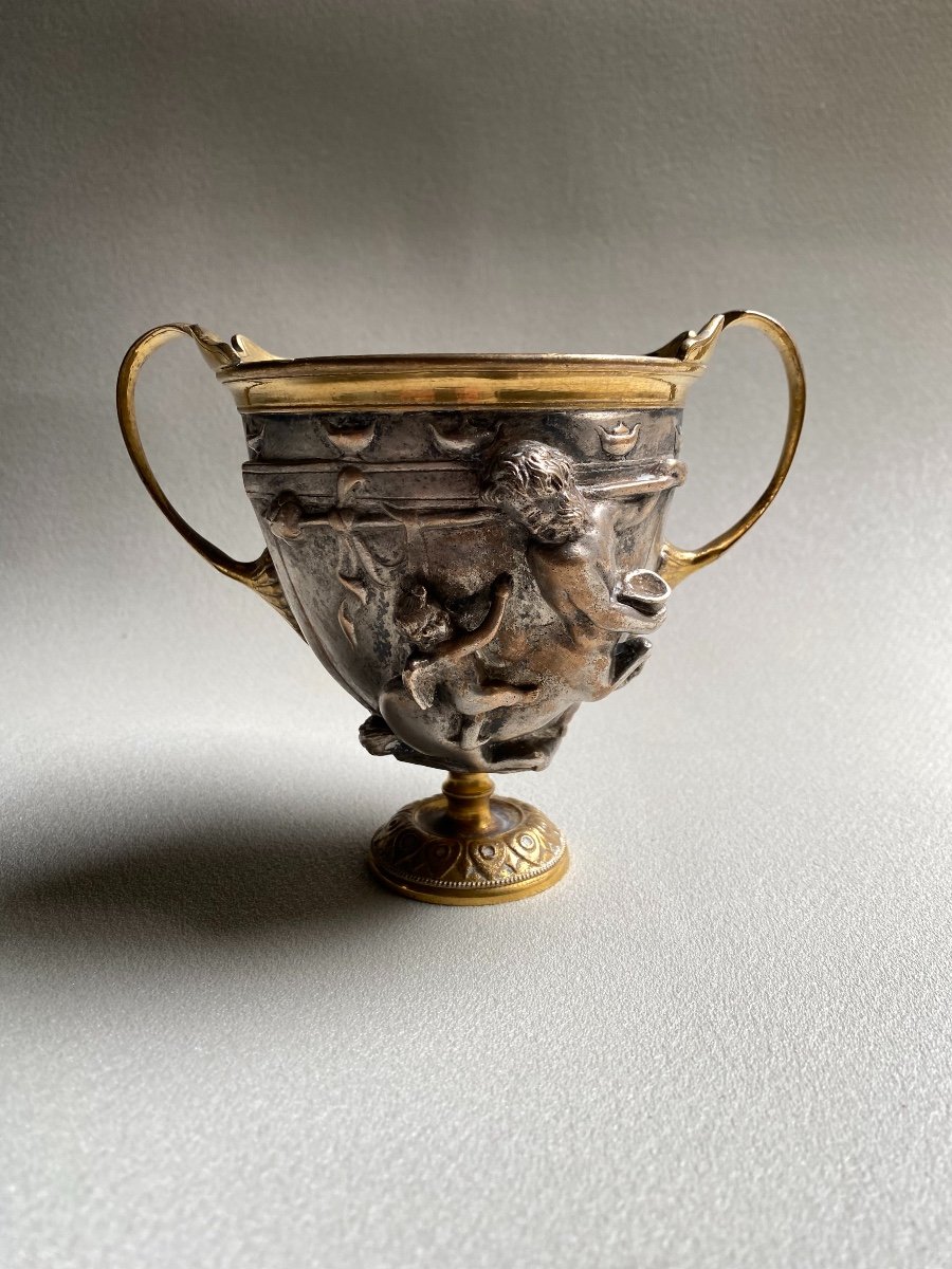 Pair Of Kantharos  Cup Of The Centaurs Of Pompei, Naples, Italy Replicas XIX Silver Bronze-photo-2