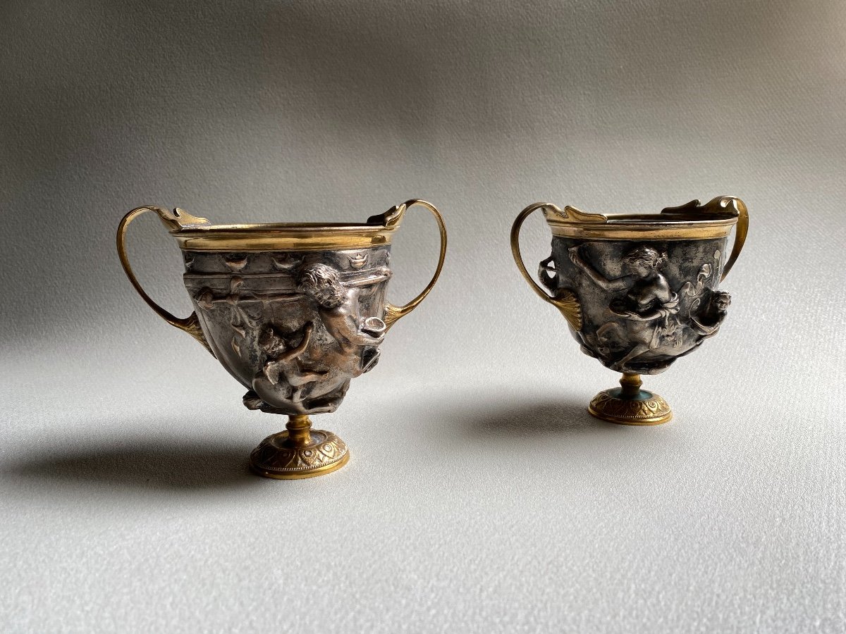 Pair Of Kantharos  Cup Of The Centaurs Of Pompei, Naples, Italy Replicas XIX Silver Bronze-photo-6