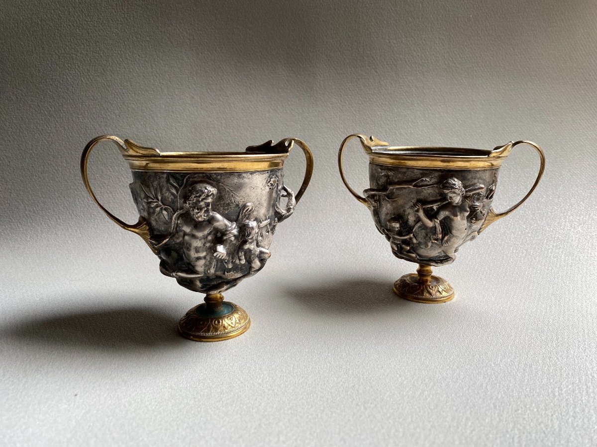 Pair Of Kantharos  Cup Of The Centaurs Of Pompei, Naples, Italy Replicas XIX Silver Bronze-photo-7