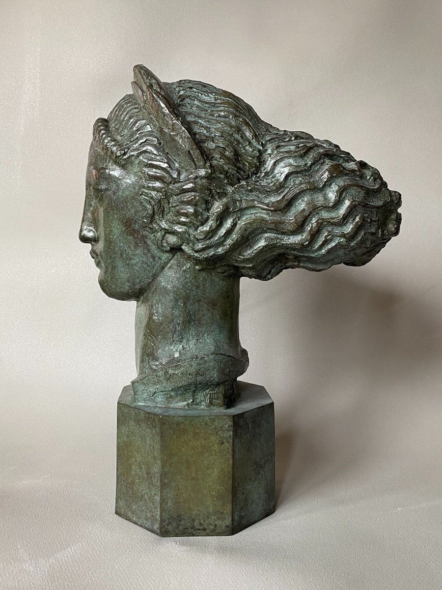 Head Of Victory Of Bogota By Henri Bouchard - Art Deco Bronze -photo-3