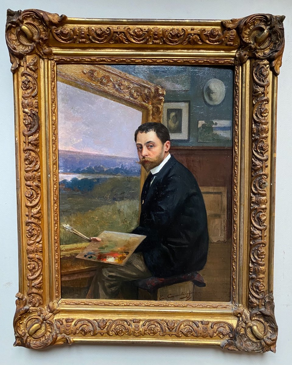 Autoportrait Du Peintre Emile Cambiaggio Italie Fin XIX Dans son Atelier D’artiste Rare Portait-photo-2