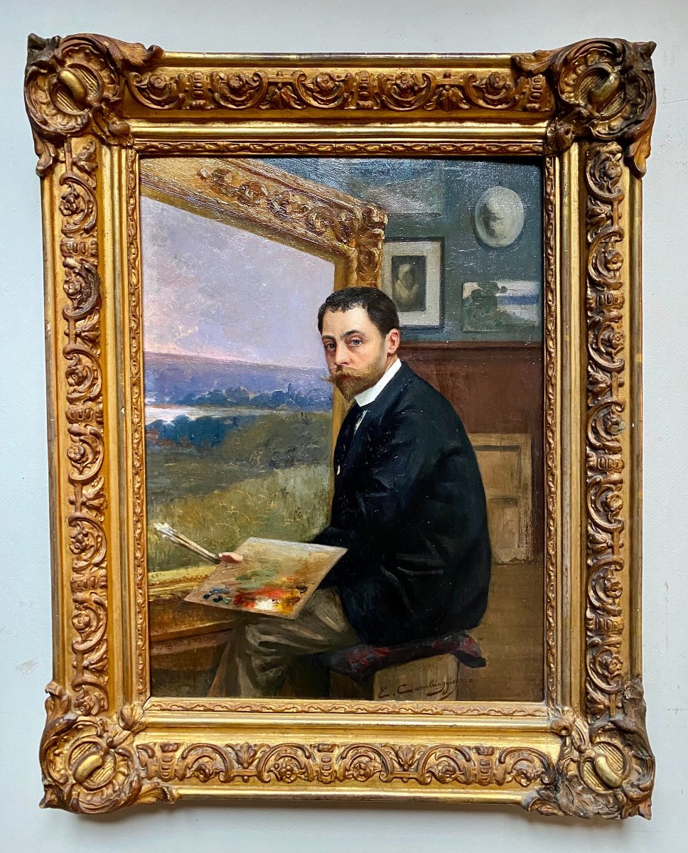 Autoportrait Du Peintre Emile Cambiaggio Italie Fin XIX Dans son Atelier D’artiste Rare Portait