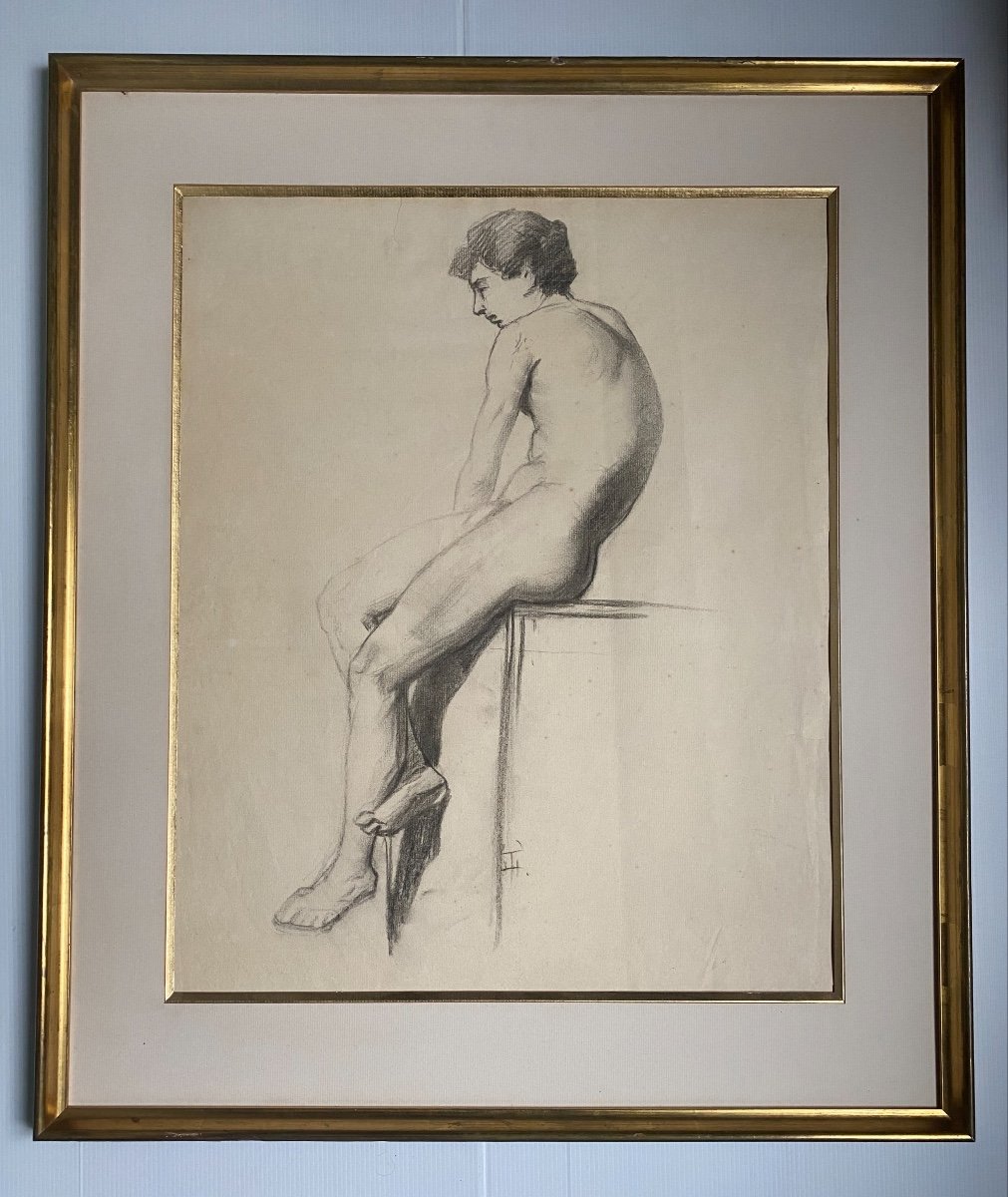 Academic Drawing Portrait Young Man Sitting Naked Male