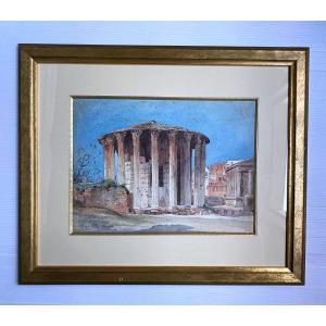 View Of The Temple Of Hercules In Rome Watercolor Drawing Antique Architecture Signed Henri Laffillée 1883