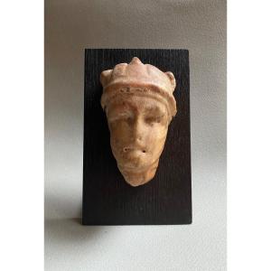 Bas Relief En Marbre Romain Antique Portrait Homme Aurige Casque Cornu Haut De Pilier Colonne