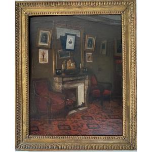 Interior Of Restoration Period XIX French Oil Painting 