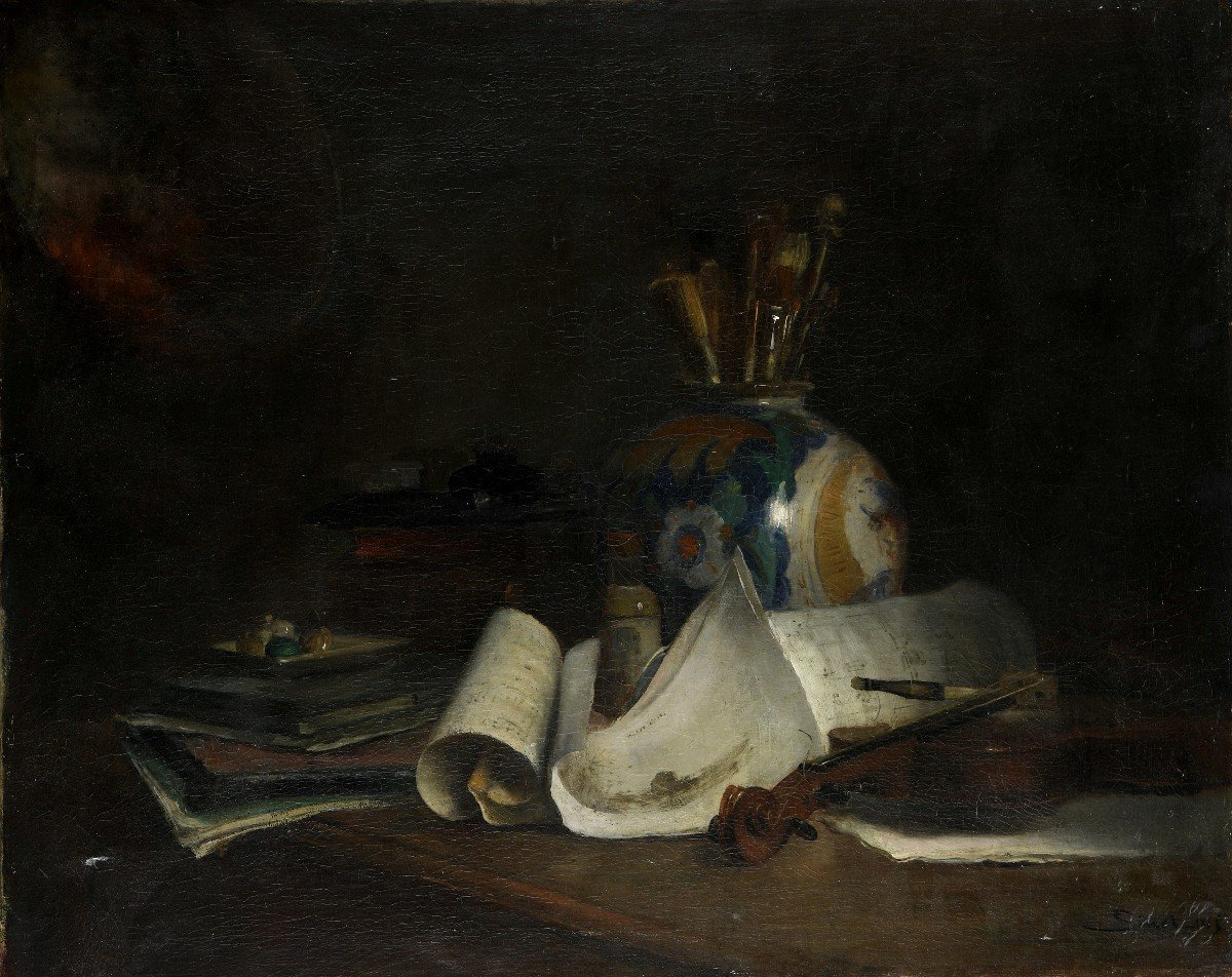 "still Life In Fine Arts" Louis René Hippolyte Sinet (born 1835) Oil On Canvas