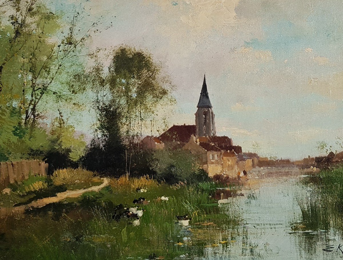 GALIEN-LALOUE - HUILE 49 x 65 cms - VILLAGE ET RIVIÈRE