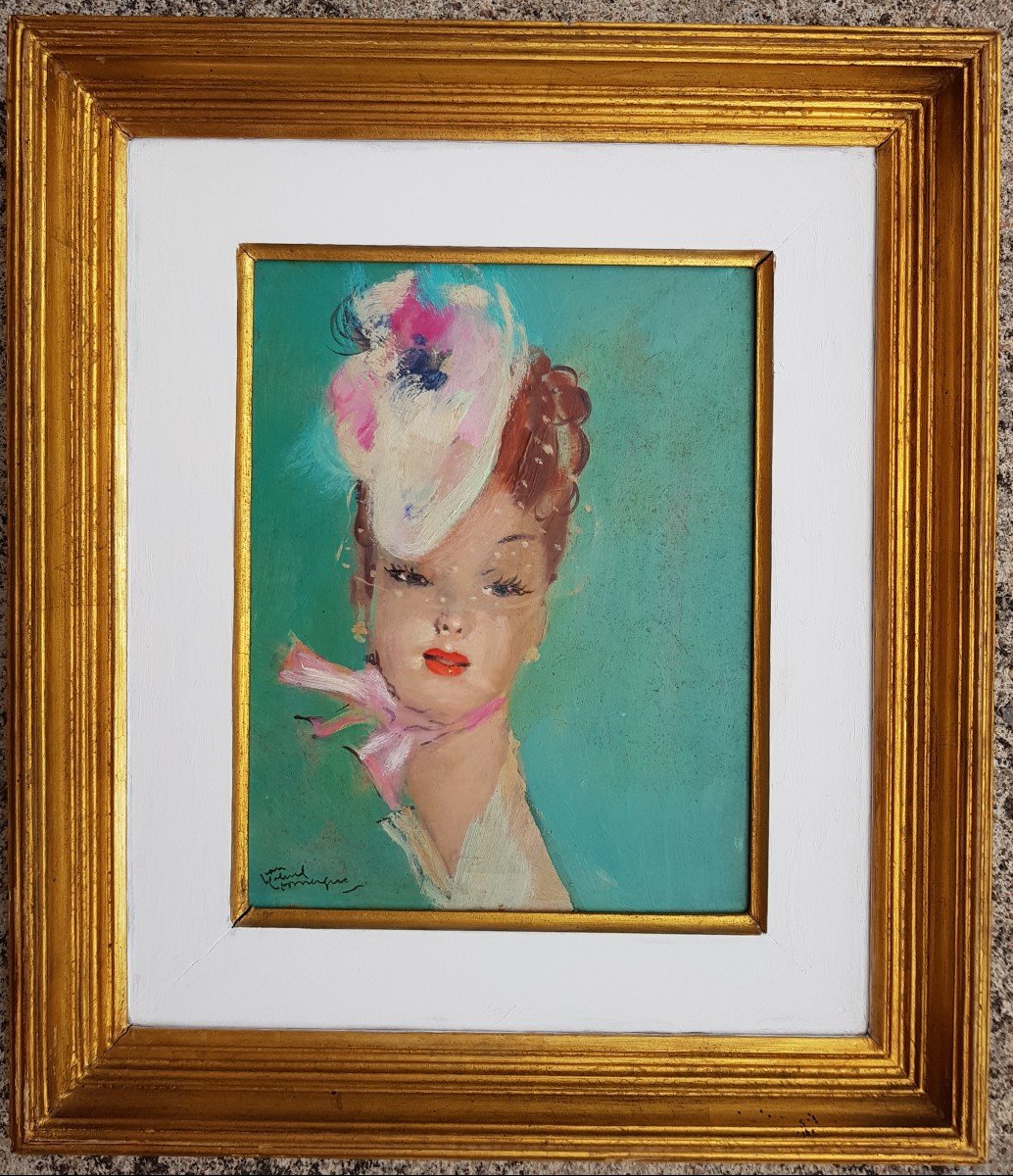 DOMERGUE - HUILE 24 x 19 cms - JEUNE FEMME AU CHAPEAU  -photo-2