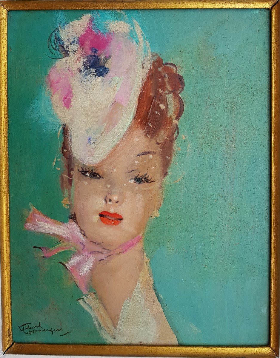 DOMERGUE - HUILE 24 x 19 cms - JEUNE FEMME AU CHAPEAU  