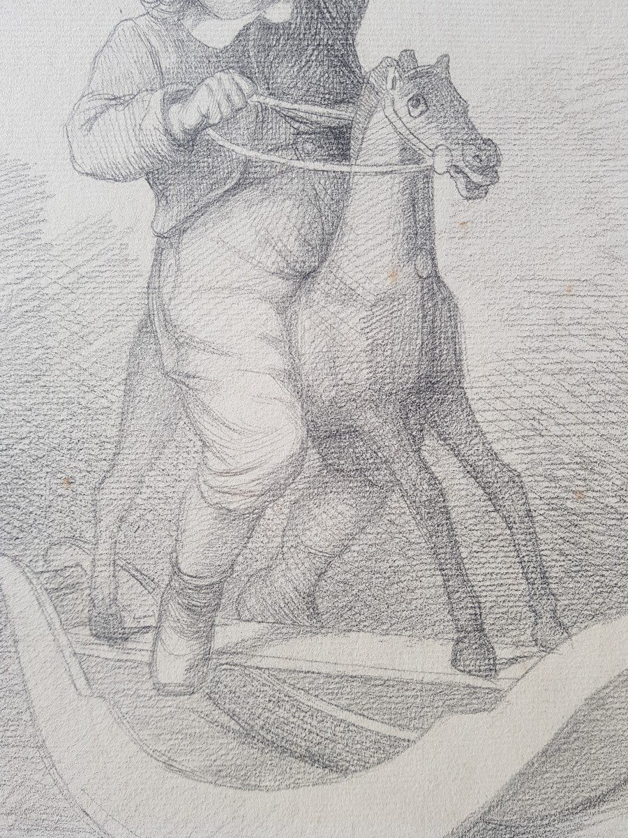 Lobrichon - Large 19th Century Drawing - The Rocking Horse-photo-1
