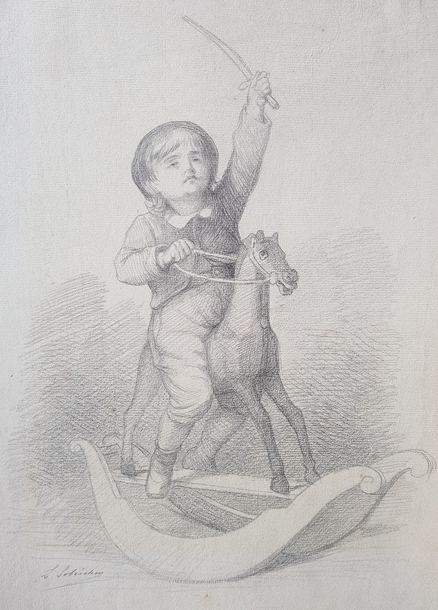 Lobrichon - Large 19th Century Drawing - The Rocking Horse