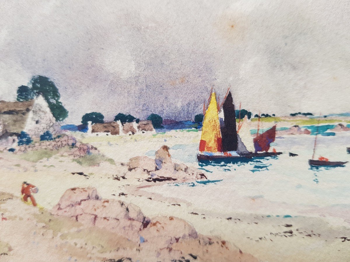 Ernest Guerin - Watercolor - Sailboats In Port, Brittany-photo-4