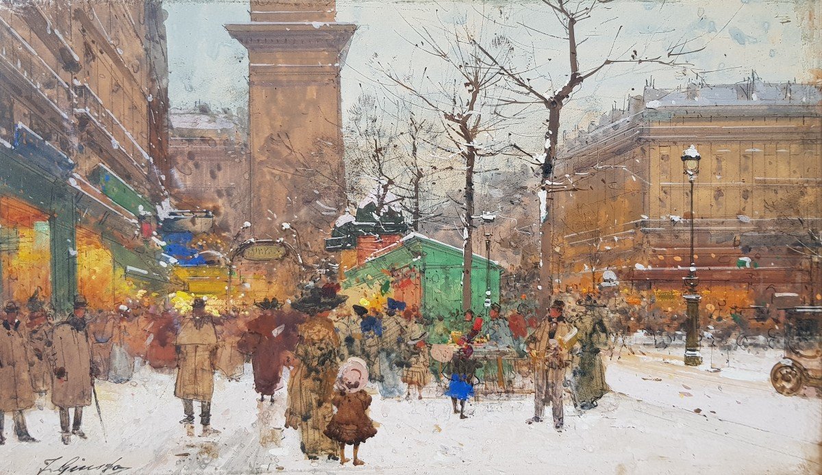 Galien Laloue - Gouache - Snowy Street In Paris