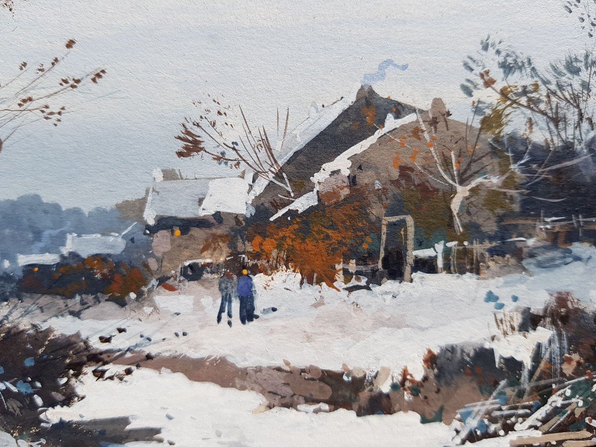 Galien Laloue - Gouache - Village Under The Snow-photo-2