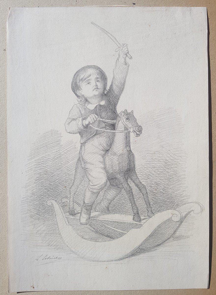 Lobrichon - Large 19th Century Drawing - The Rocking Horse-photo-2