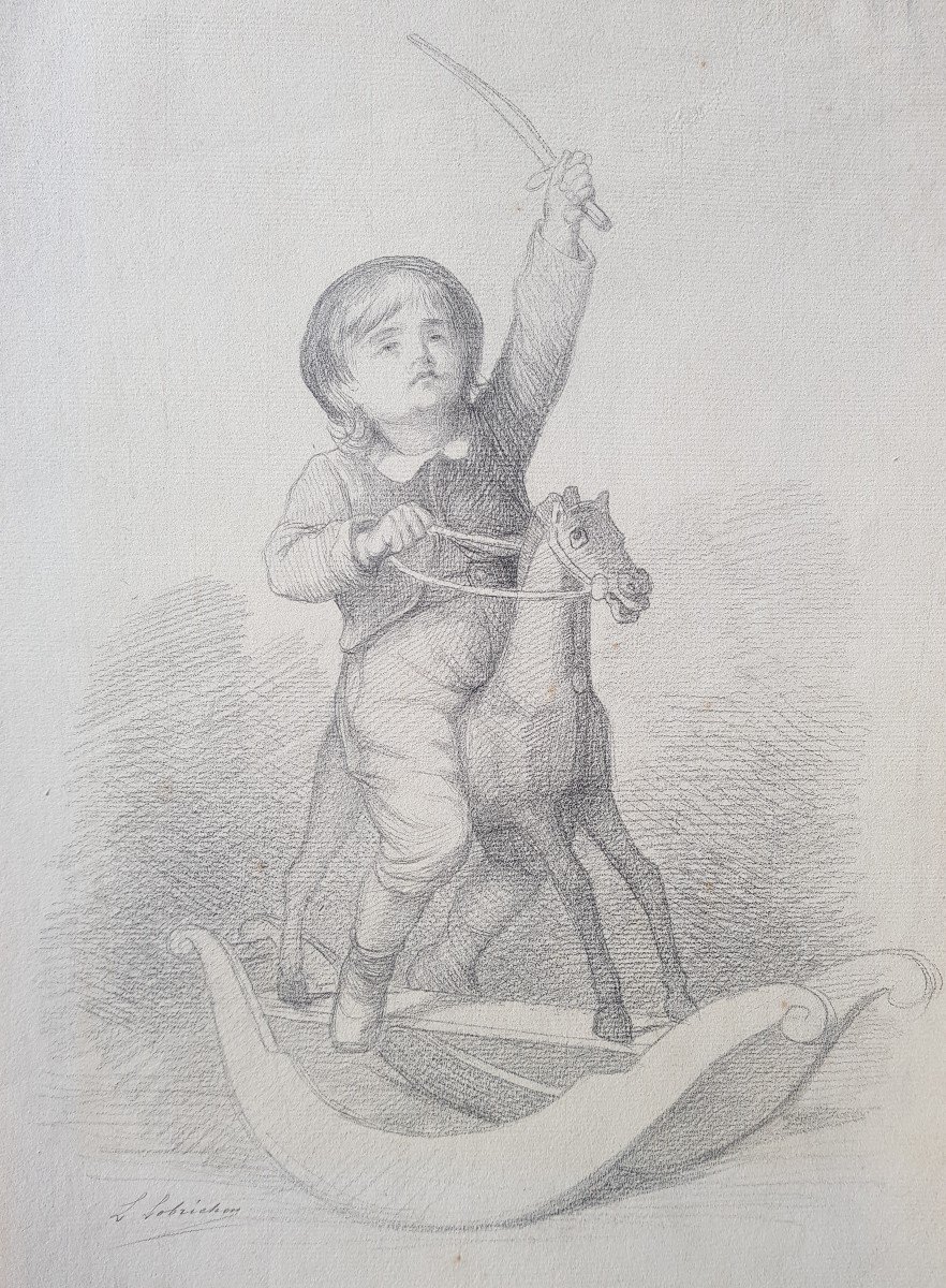 Lobrichon - Large 19th Century Drawing - The Rocking Horse