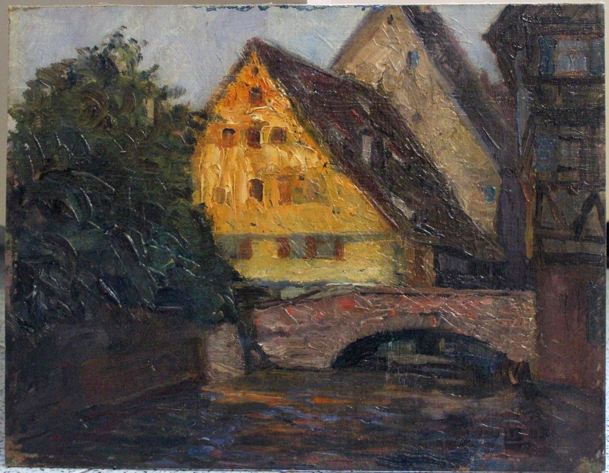 Huile Sur Toile - 1925 - Pont Sur Le Canal - Bruges ?-photo-2