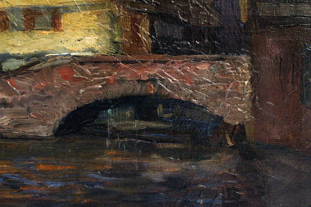 Huile Sur Toile - 1925 - Pont Sur Le Canal - Bruges ?-photo-3