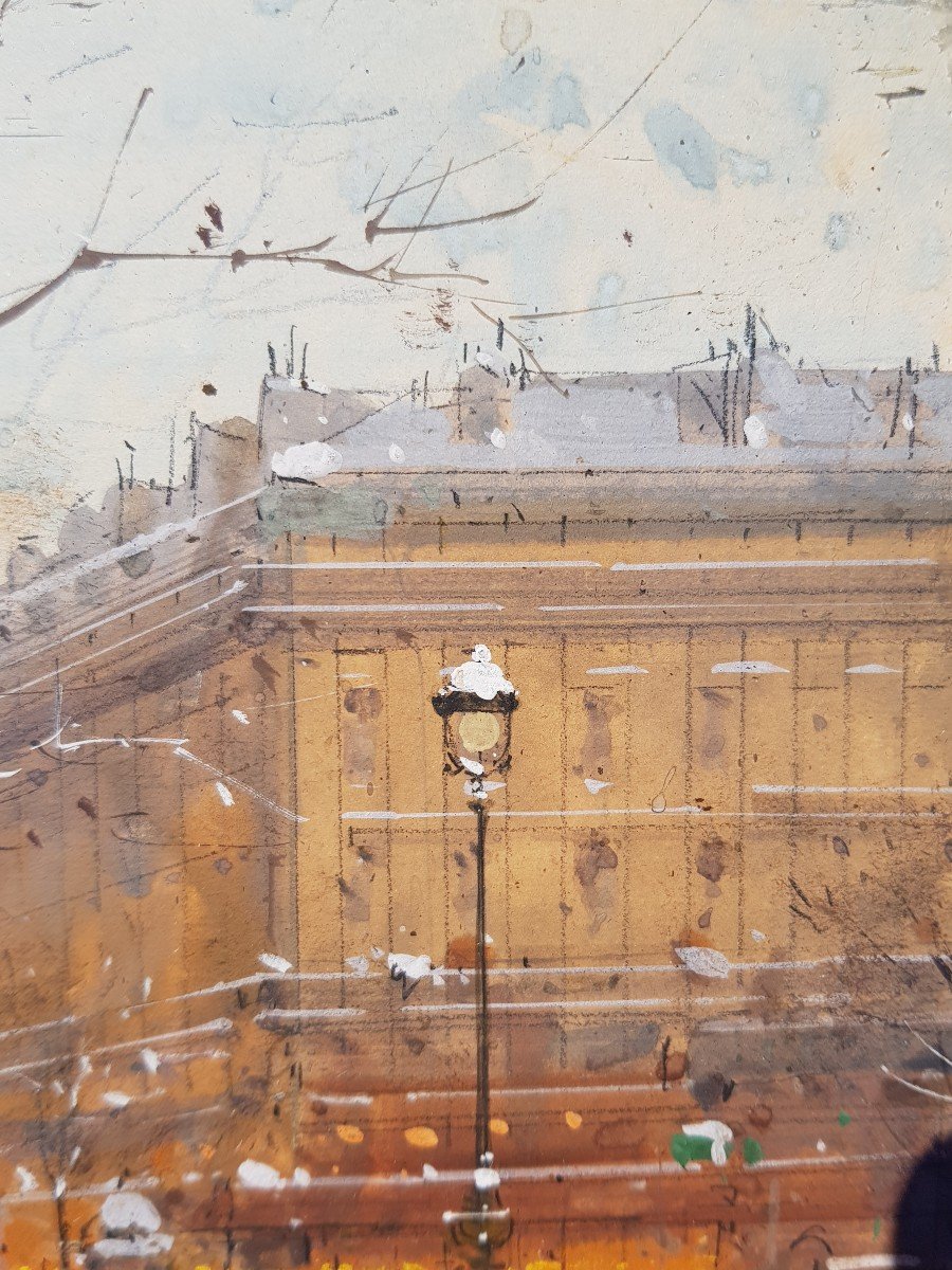 Galien Laloue - Gouache - Paris, Snowy Boulevard-photo-7