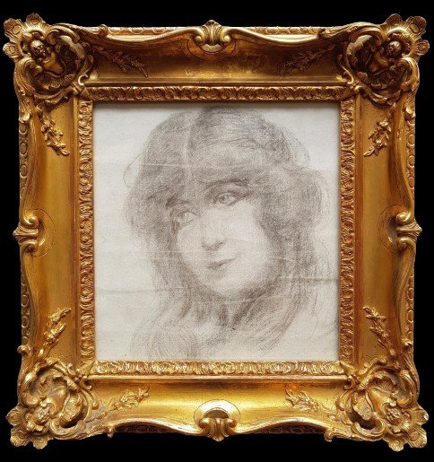 Dessin Fusain - Portrait De Jeune Femme - 1900