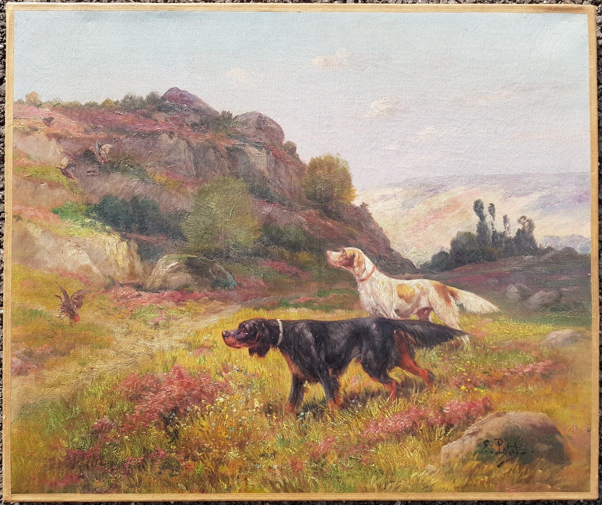 Eugène PETIT - Huile sur toile XIXè - Chiens de chasse à l'arrêt-photo-4