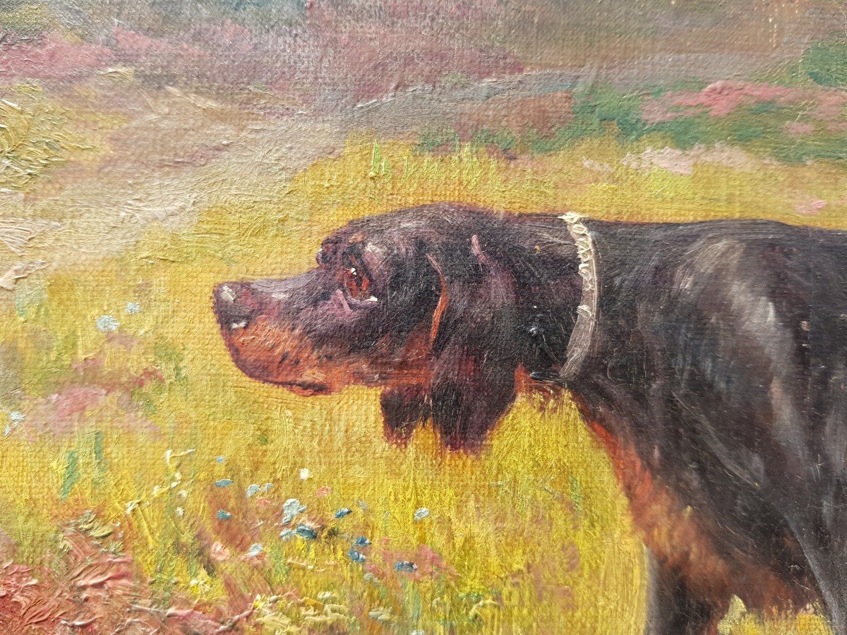 Eugène PETIT - Huile sur toile XIXè - Chiens de chasse à l'arrêt-photo-1