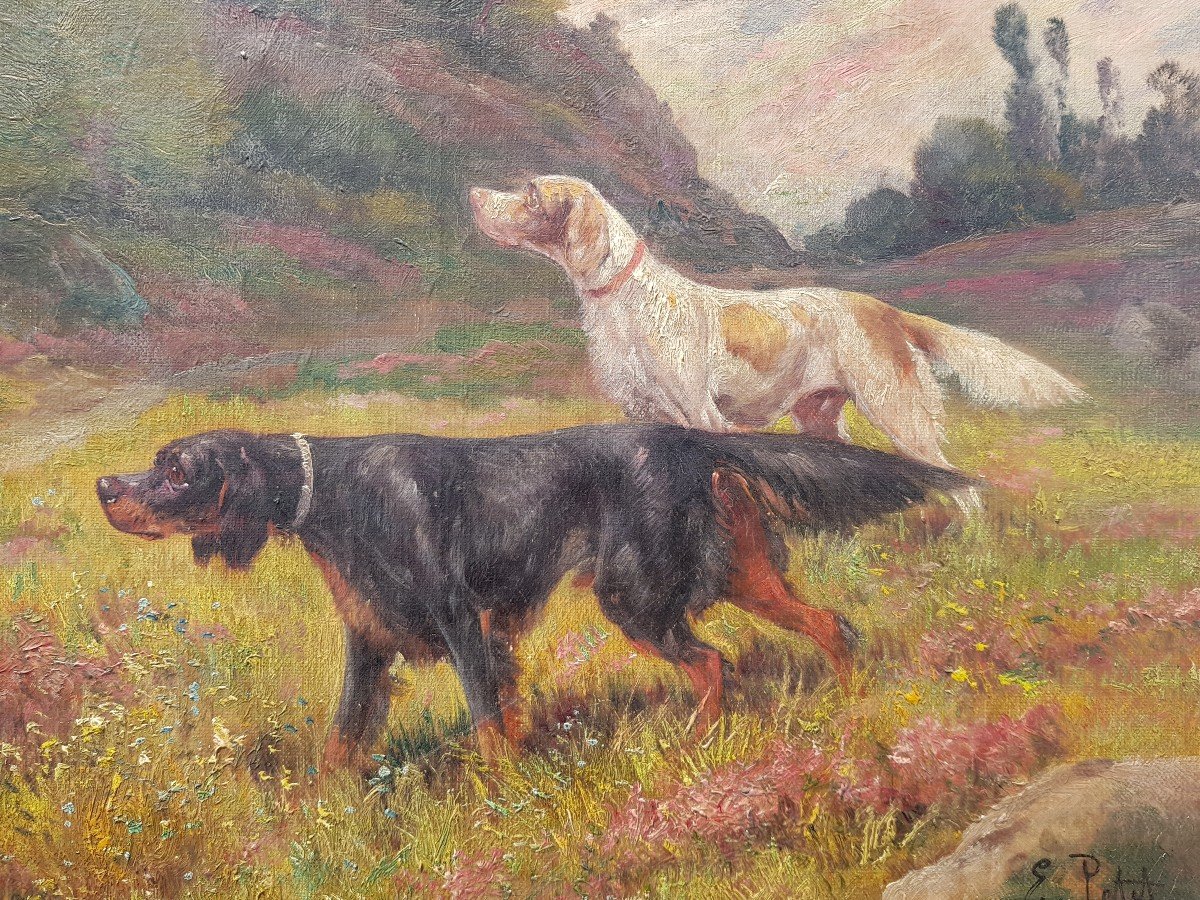 Eugène PETIT - Huile sur toile XIXè - Chiens de chasse à l'arrêt-photo-6