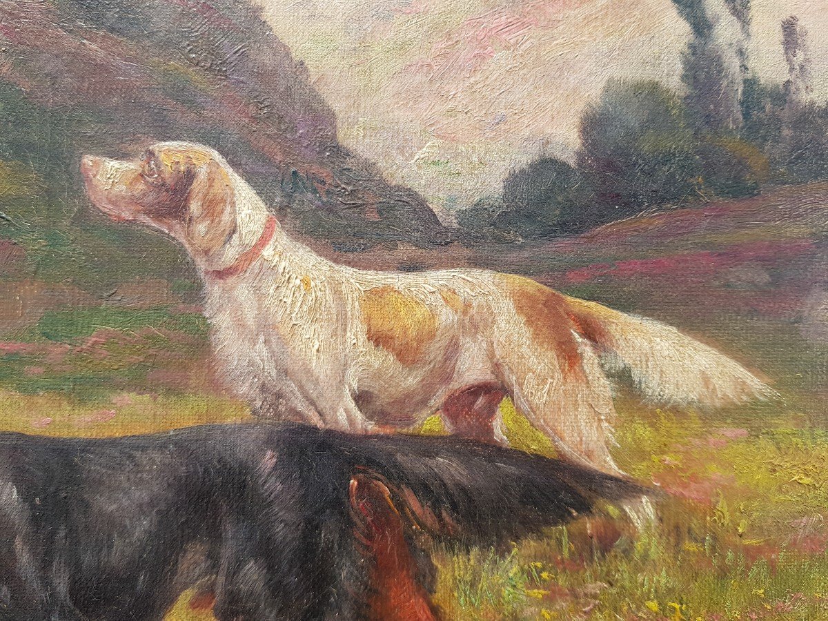 Eugène PETIT - Huile sur toile XIXè - Chiens de chasse à l'arrêt-photo-7