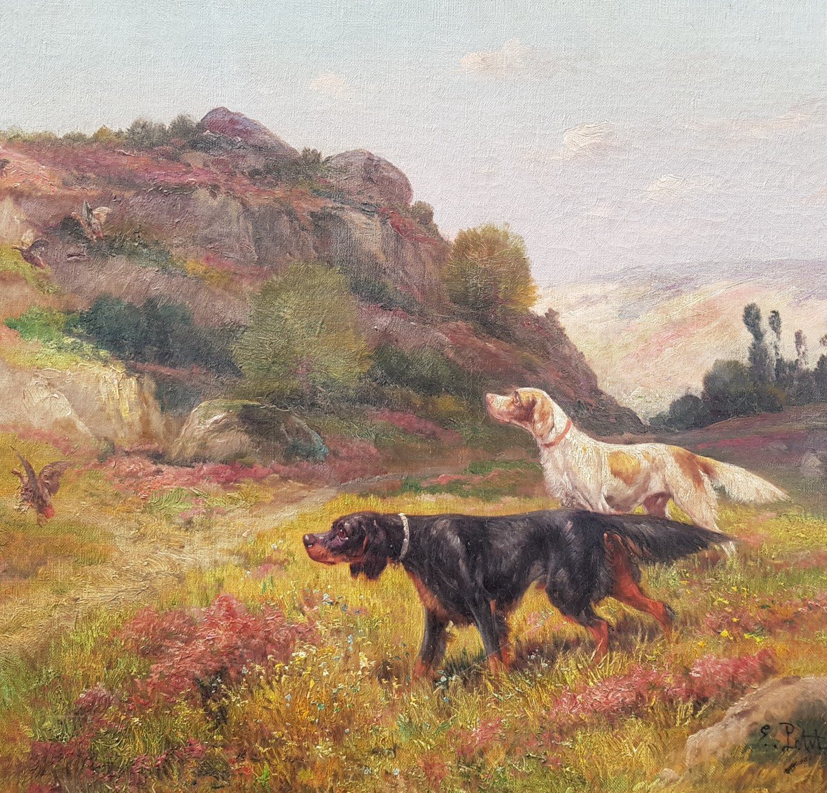 Eugène PETIT - Huile sur toile XIXè - Chiens de chasse à l'arrêt