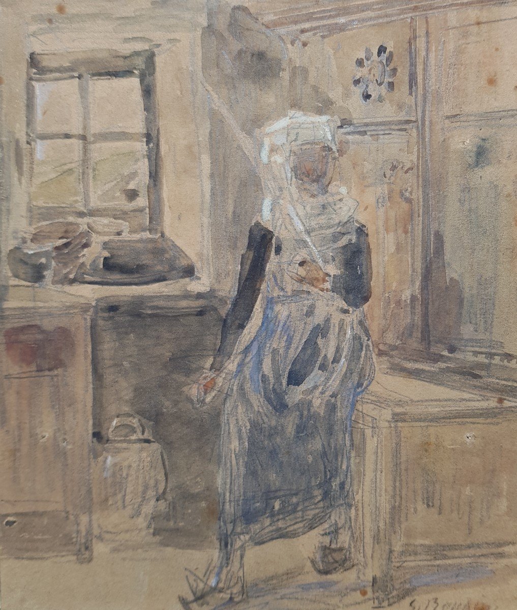 Eugène BOUDIN - Aquarelle - Bretonne dans un intérieur-photo-3