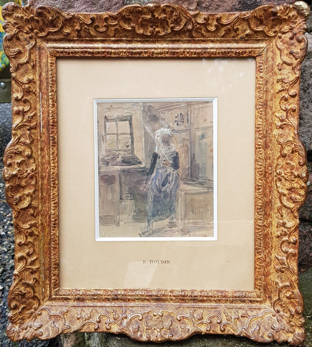 Eugène BOUDIN - Aquarelle - Bretonne dans un intérieur-photo-4