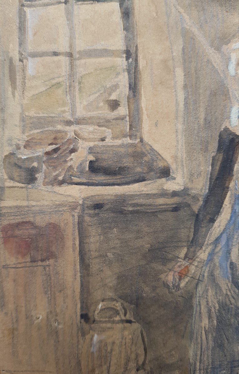 Eugène BOUDIN - Aquarelle - Bretonne dans un intérieur-photo-1