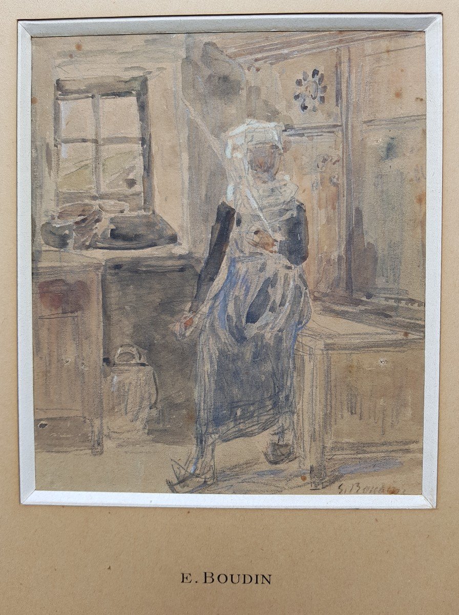 Eugène BOUDIN - Aquarelle - Bretonne dans un intérieur-photo-5