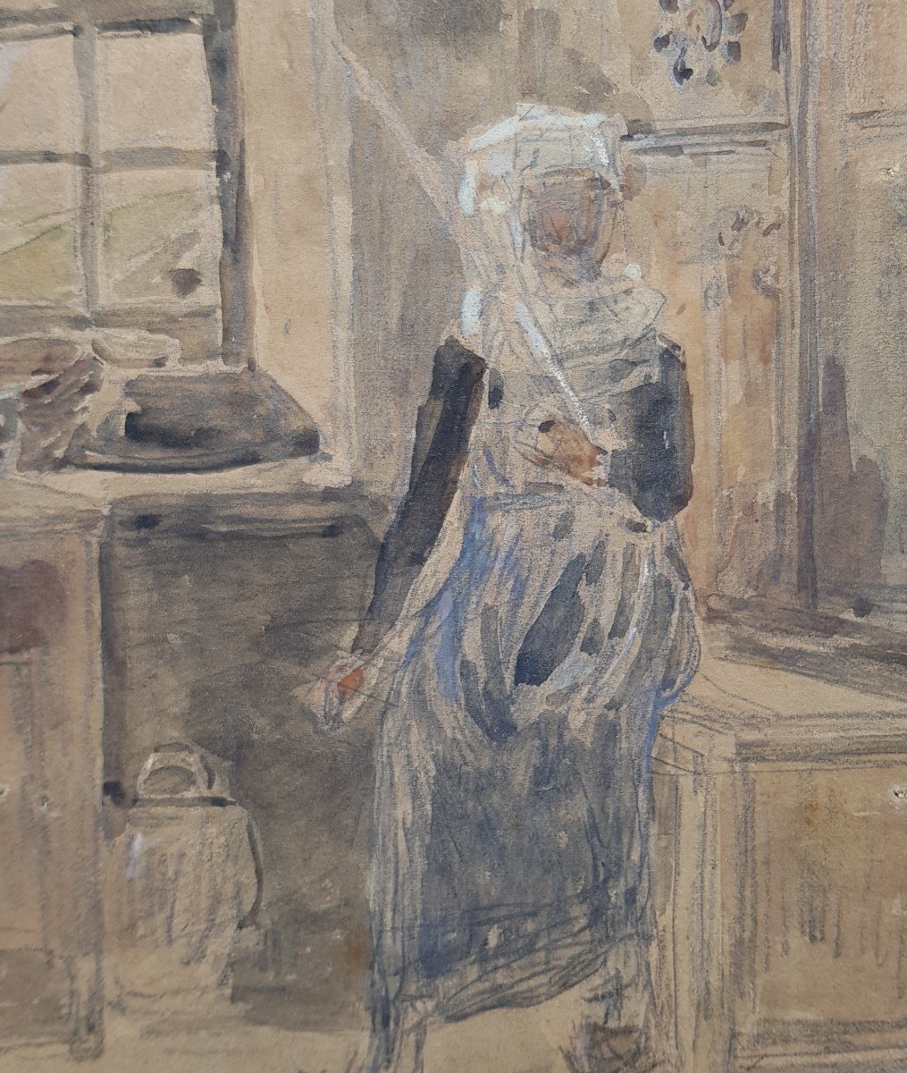 Eugène BOUDIN - Aquarelle - Bretonne dans un intérieur