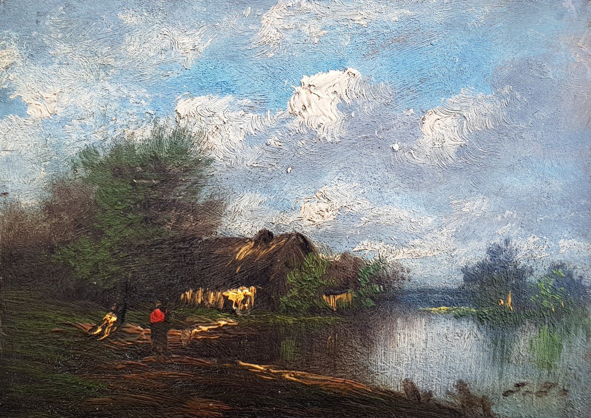 Jules DUPRÉ - Huile Barbizon - Etang et chaumière - 1870-photo-4