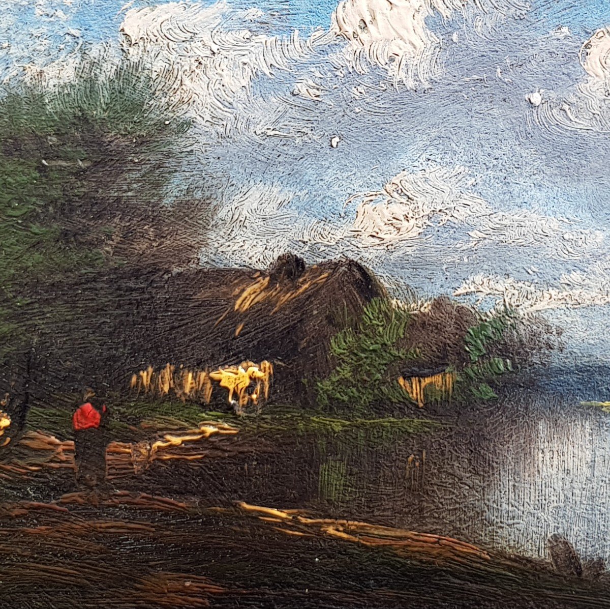 Jules DUPRÉ - Huile Barbizon - Etang et chaumière - 1870