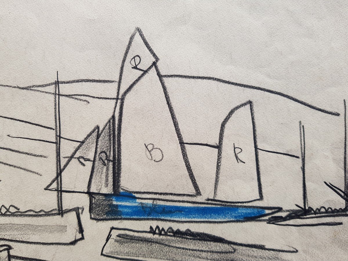 Mathurin Meheut - Drawing - Sailboat In Port -photo-1