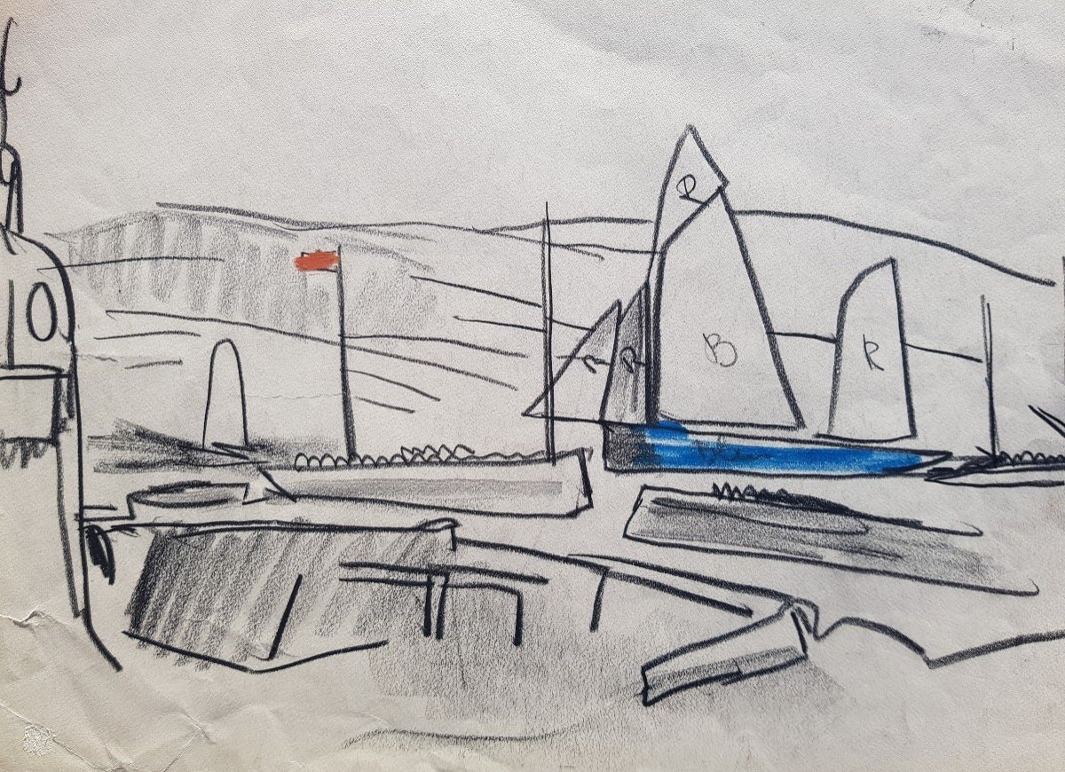 Mathurin Meheut - Drawing - Sailboat In Port 