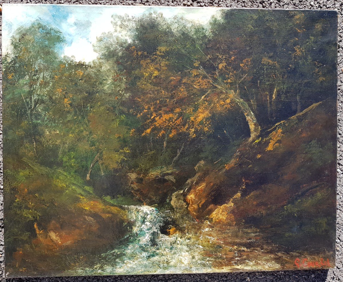 COURBET - Huile sur toile c.1870 - Cascade en forêt