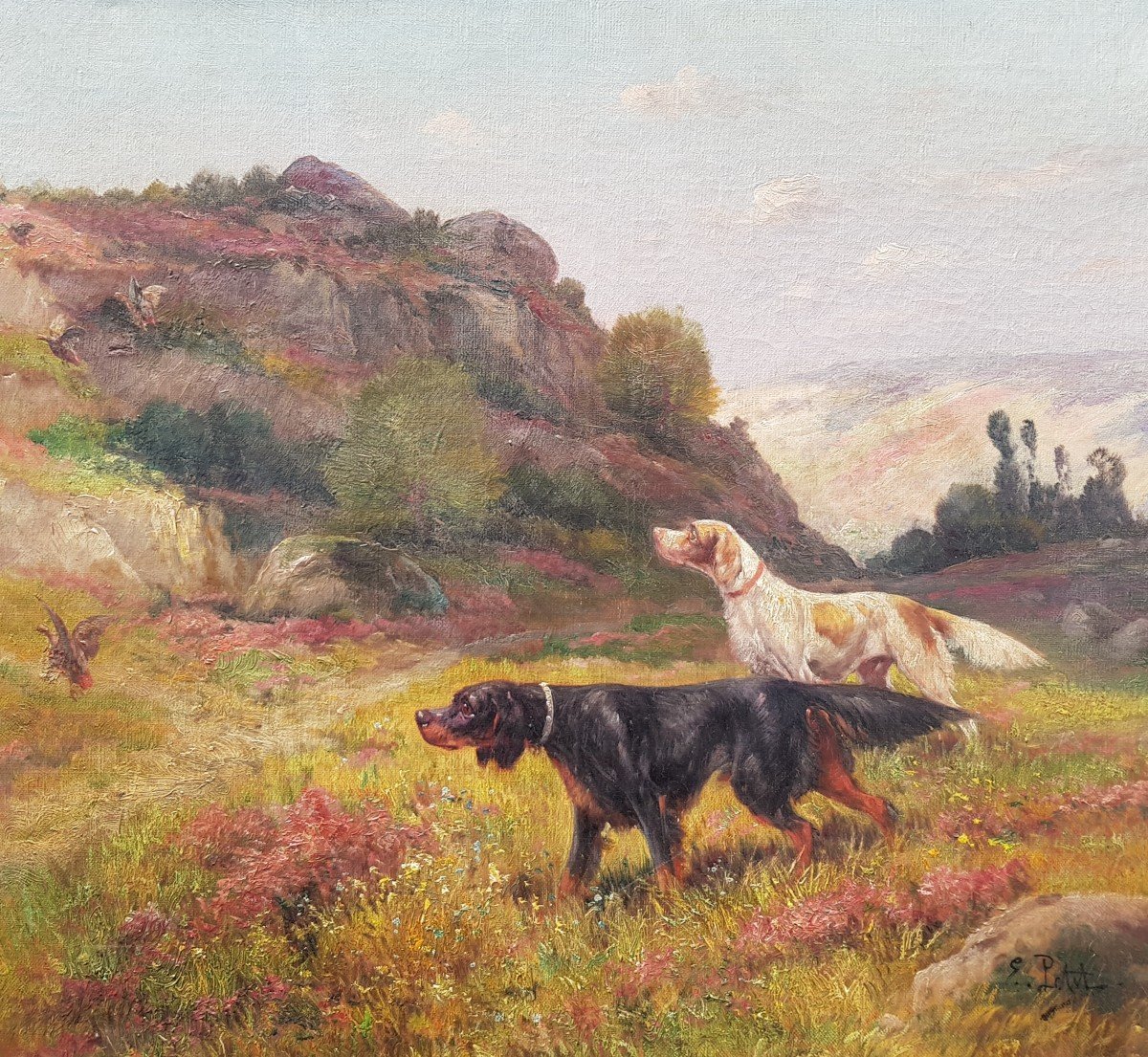 Eugène PETIT - Huile sur toile XIXè - Chiens de chasse