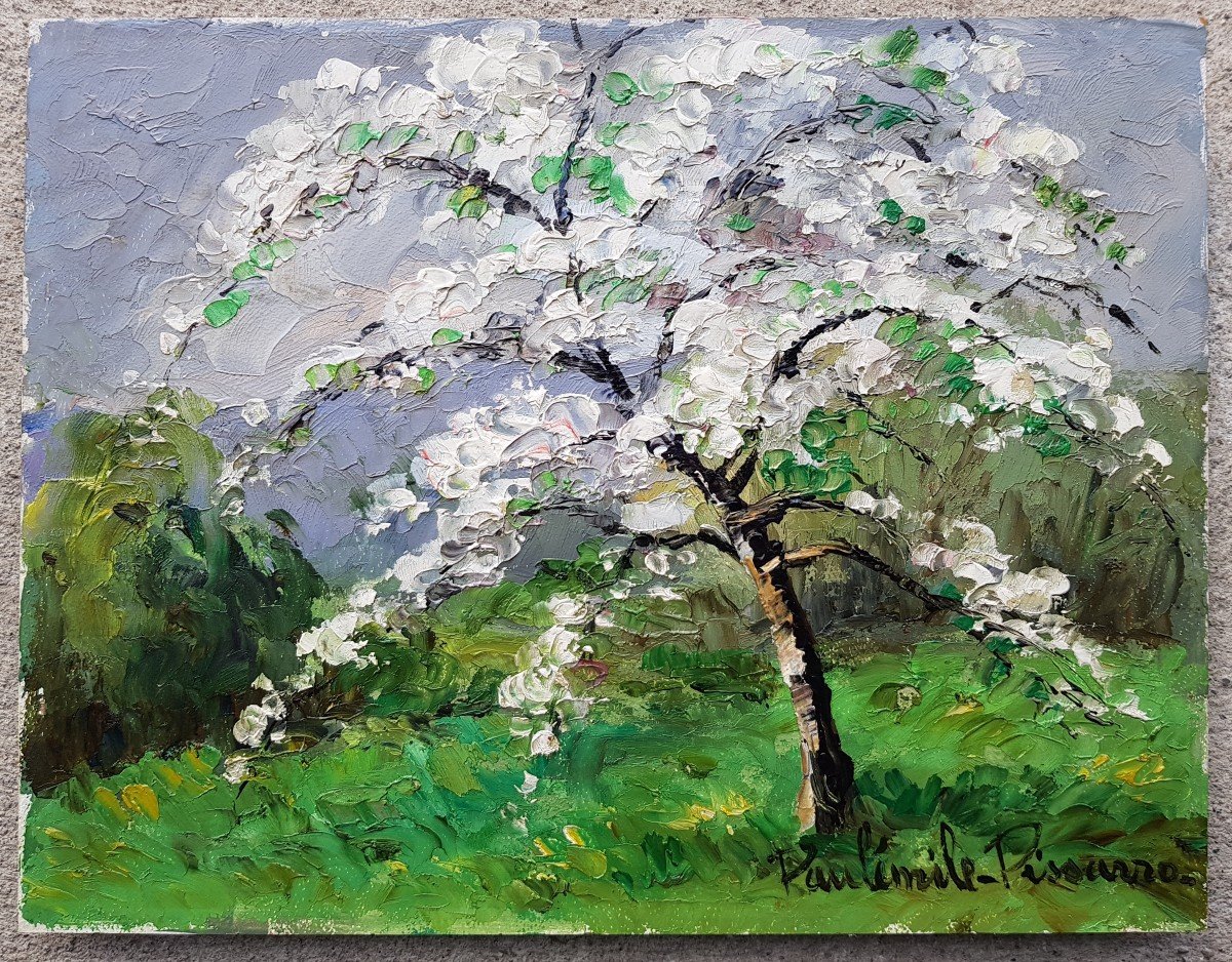 Paul-Emile PISSARRO - Huile sur panneau - Pommier en fleur-photo-3