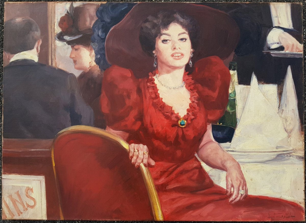 LEON ZEYTLINE - BELLE EPOQUE - ÉLÉGANTE AU RESTAURANT - HUILE SUR TOILE 100 x 73 cms 